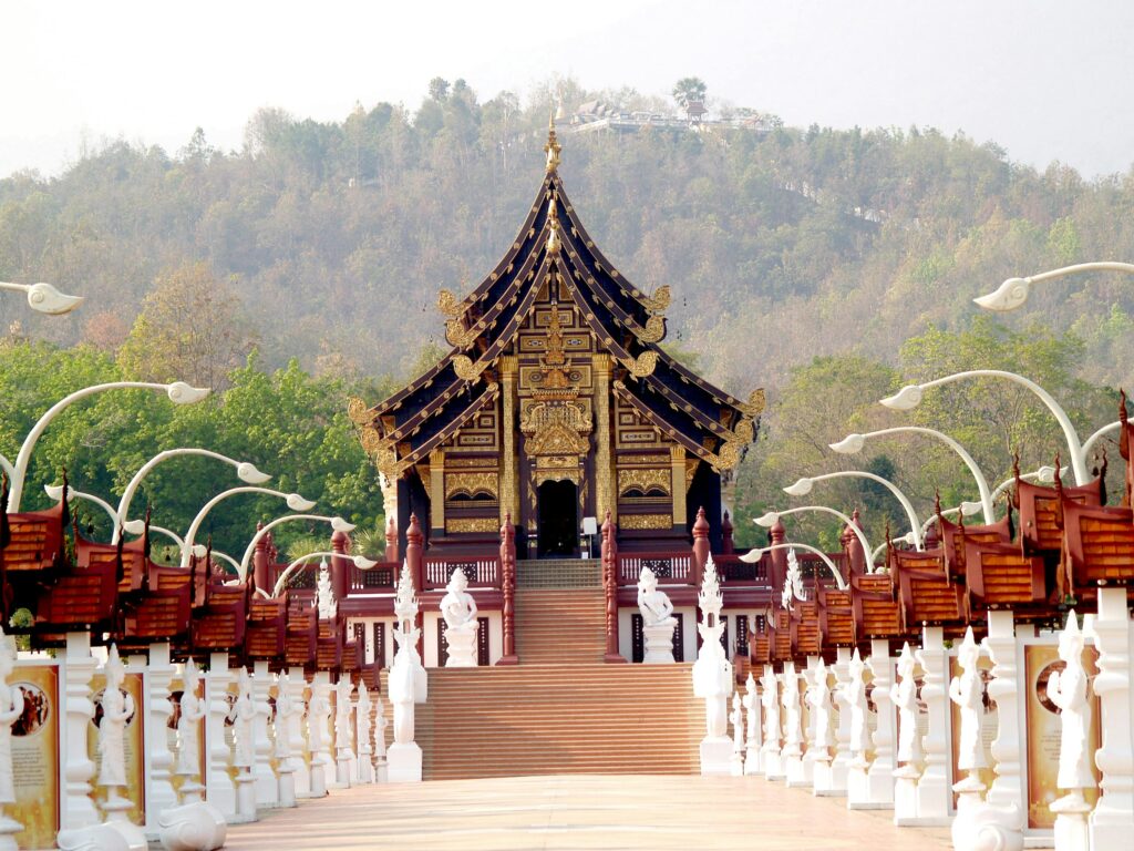 Stunning view of a traditional Thai temple at Royal Park Rajapruek, Chiang Mai.